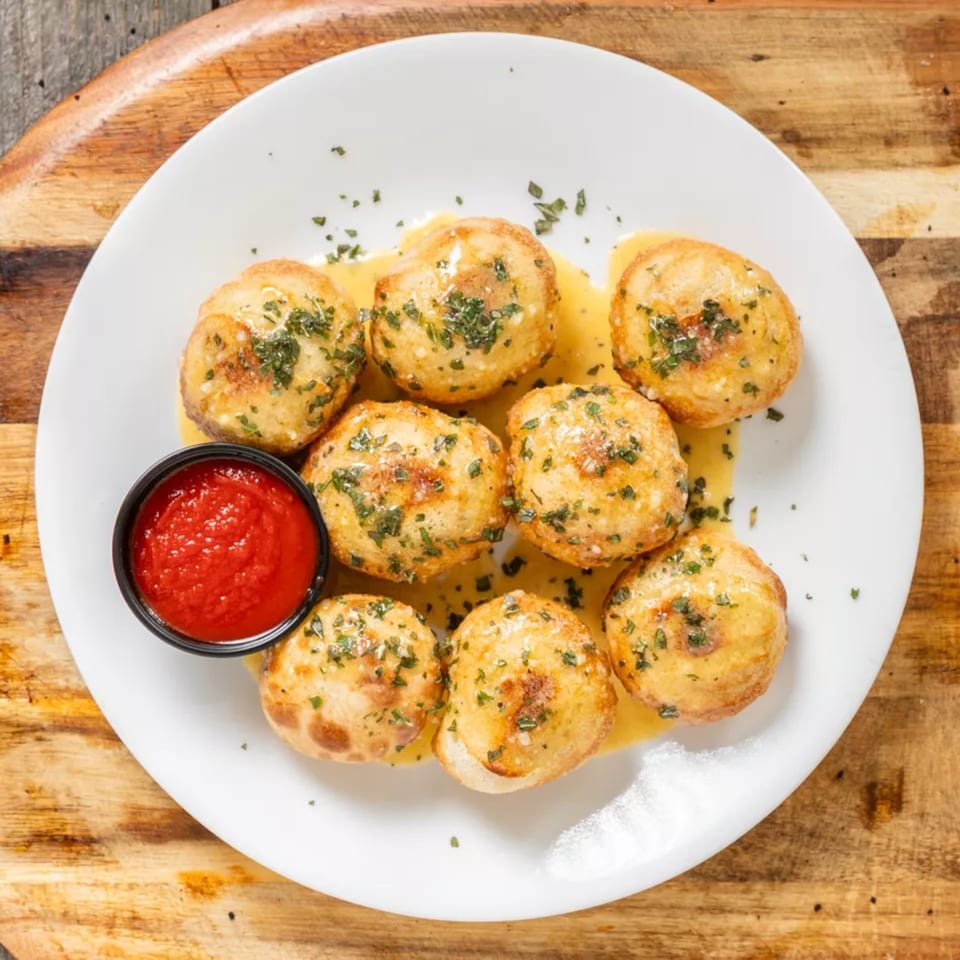 Golden-brown garlic knots drizzled with butter and herbs, served with a side of red marinara sauce.